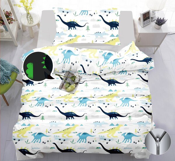 Dětské bavlněné povlečení Dinosaur světélkující ve tmě | Bílý dinosauří motiv, ZIP, měkké & prodyšné 140x200 cm
