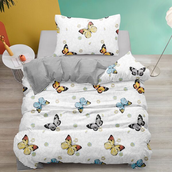 Bavlněné povlečení – motýlci a květiny, oboustranný design, zip | 140×200 + 70×90 cm