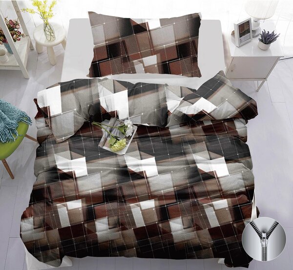 Bavlněné povlečení 140×200 + 70×90 – šedohnědý geometrický vzor, zip, moderní styl