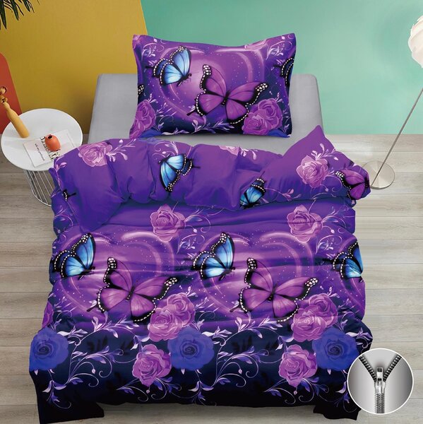 Luxusní bavlněné povlečení – Purple Butterfly | Romantické fialové květiny a motýli | Prodyšná měkká bavlna – 140x200 cm