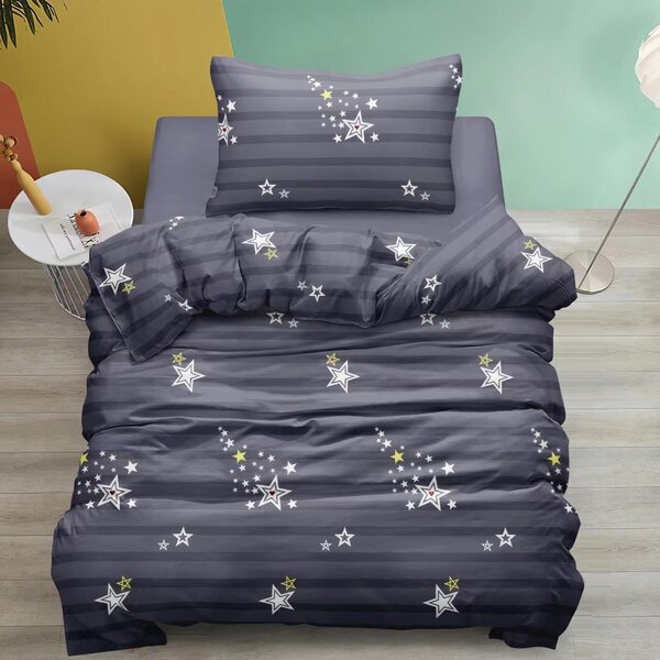 Bavlněné povlečení 140×200 + 70×90 – tmavě šedé s hvězdami, zip, moderní design