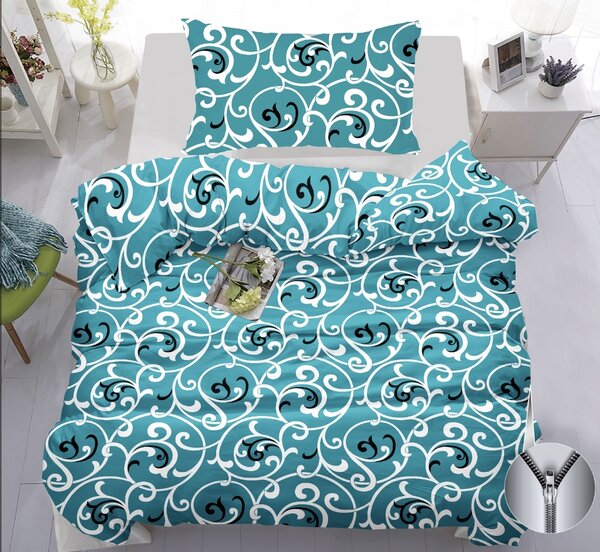 Bavlněné povlečení tyrkysové s elegantními ornamenty | Luxusní vzor, zip 140x200 cm