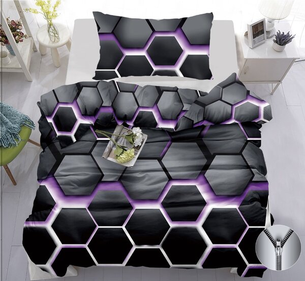 Bavlněné povlečení hexagon – černo-fialové | Moderní 3D design, příjemné a prodyšné, zip – 140x200 cm