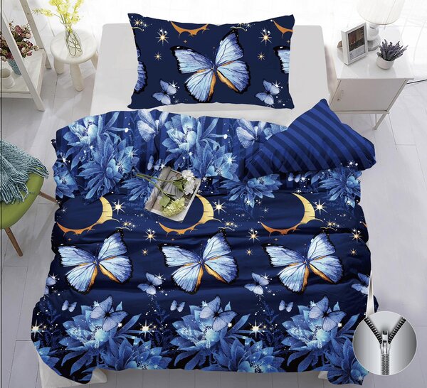 Bavlněné povlečení s modrými motýly – noční květiny & měsíce | Elegantní tmavě modrá, zip – 140x200 cm