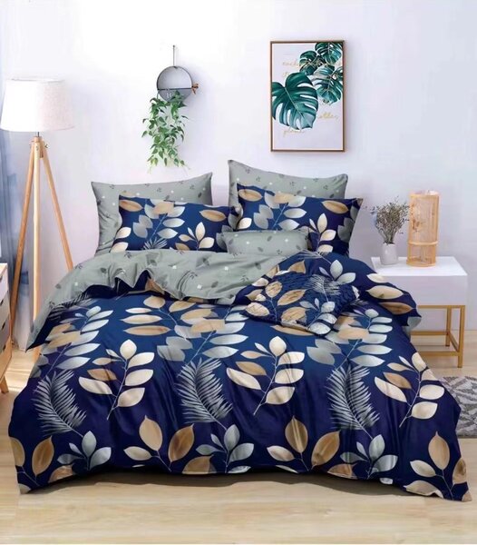 Moderní modré povlečení s listovým vzorem | Elegantní přírodní styl, zip 140x200 cm