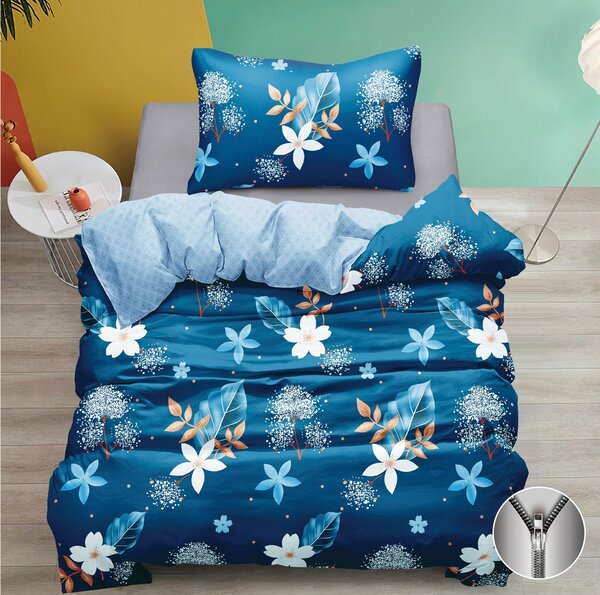 Elegantní modré bavlněné povlečení s květinovým vzorem | Svěží design, zip 140x200 cm