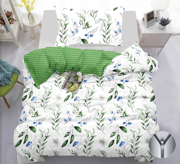 Bavlněné povlečení Bílé Květiny & Zelené Listy | Elegantní přírodní design, zip, jemné & prodyšné 140x200 cm