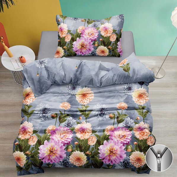 Luxusní bavlněné povlečení Šedé Pivoňky | Elegantní 3D květinový vzor, zip, jemné & prodyšné 140x200 cm