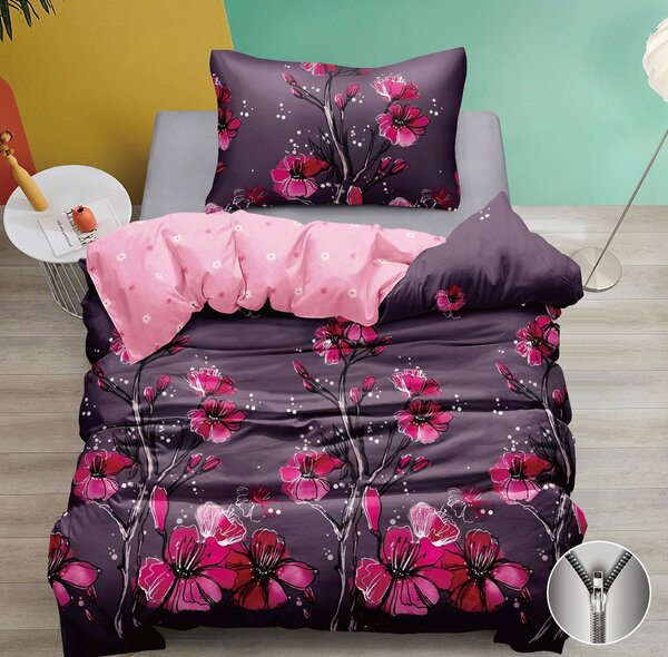 Romantické fialové bavlněné povlečení s růžovými květy | Květinový design, zip 140x200 cm