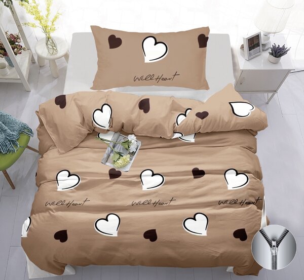 Bavlněné povlečení béžové s motivem srdíček | Romantický design, zip 140x200 cm