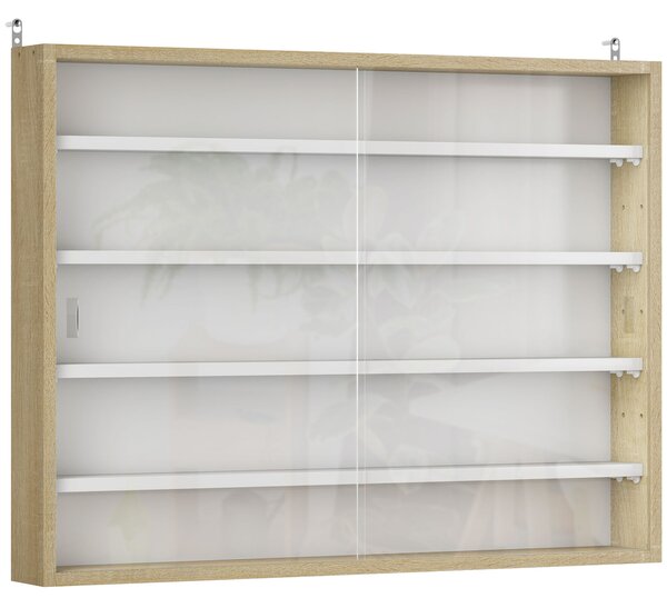 HOMCOM Nástěnná vitrína s nastavitelnými policemi a 2 posuvnými skleněnými dveřmi pro sběratelské předměty 80x9,5x60 cm bílá a přírodní | Aosom