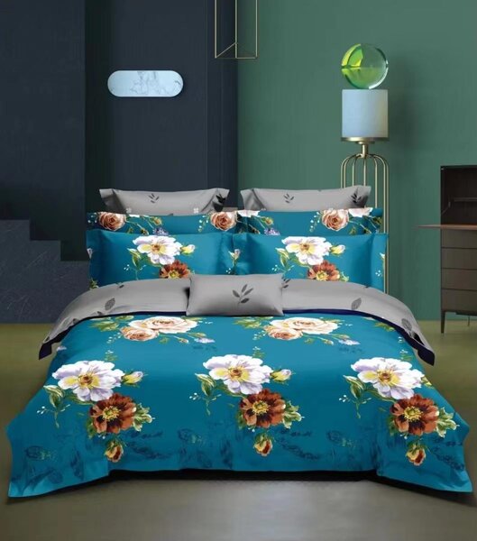 Luxusní povlečení v tyrkysové barvě s květinovým motivem | Elegantní design, zip 140x200 cm