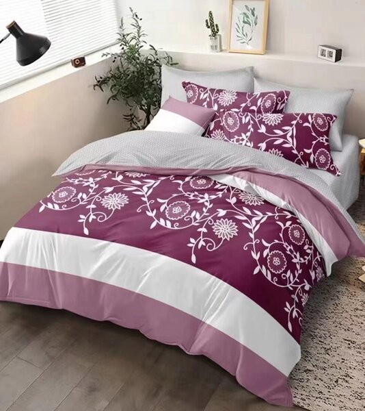 Elegantní vínové povlečení s bílým květinovým vzorem | Romantický styl, zip 140x200 cm