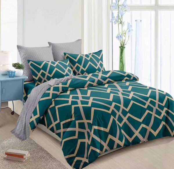 Moderní geometrické povlečení v zeleno-zlaté barvě | Luxusní design, zip 140x200 cm