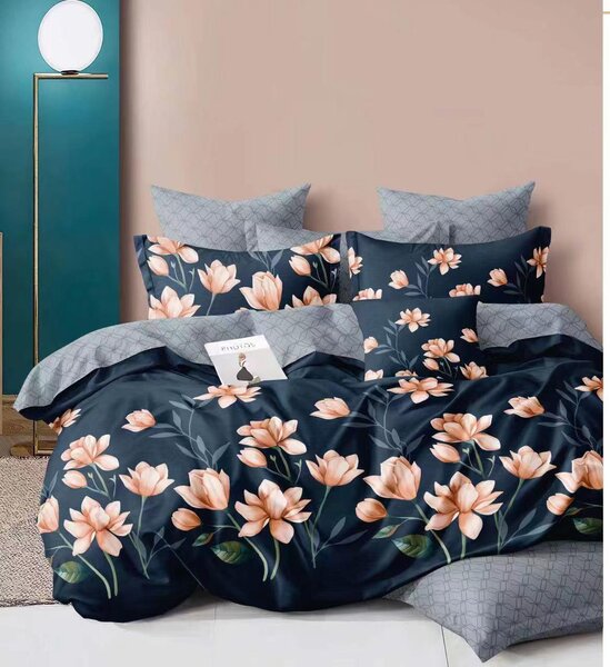 Tmavě modré povlečení s květy v broskvové barvě | Elegantní květinový design, zip 140x200 cm