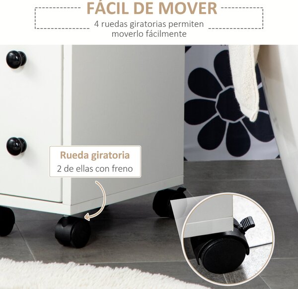 Kleankin koupelnová skříňka na kolečkách – pomocná koupelnová skříňka s otevřenou policí, dveřmi a zásuvkou pro malé prostory 18x30x68,5 cm Bílá | Aos
