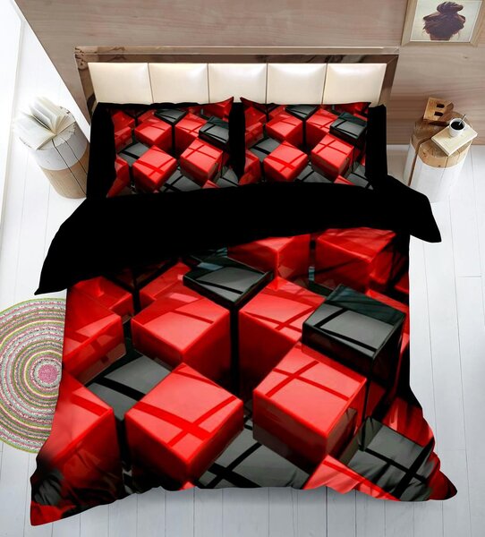 7dílné bavlněné povlečení na 2 postele 140×200/70×90 – 3D kostky červeno-černé + prostěradlo zdarma | 100% bavlna, zapínání na knoflíky