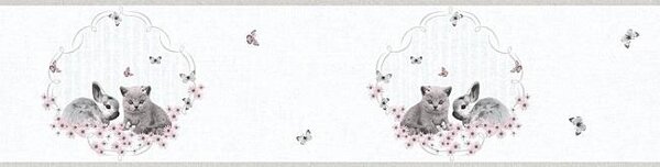 Dětské vliesové bordury Little Stars 35567-2, rozměr 5 m x 0,13 m, zajíček a koťátko na bílém podkladu, A.S.Création