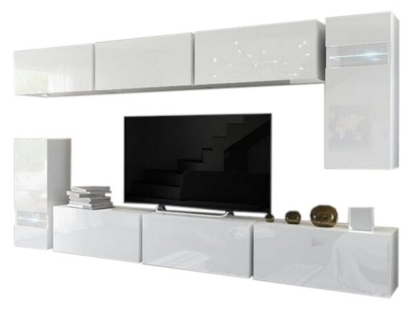 Obývací stěna BOX 3 + LED, bílá/bílá lesk