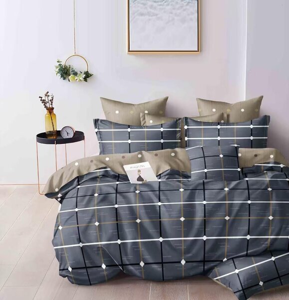 Bavlněné francouzské povlečení 200×220 + 2×70×90 – šedé s geometrickým vzorem