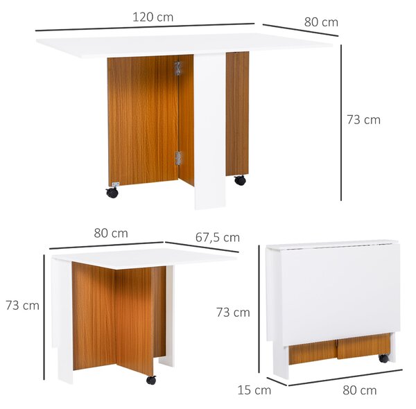 HOMCOM Skládací Jídelní Stůl na Kolečkách Skládací Kuchyňský Stůl Multifunkční Boční Stůl se 2 Sklopnými Křídly 120x80x73 cm Bílý a Třešeň | Aosom