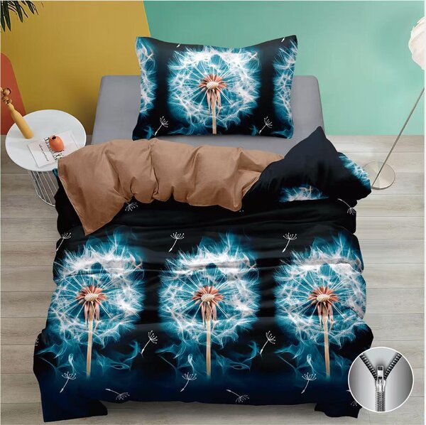 Bavlněné povlečení s motivem pampelišky – černé s modrým efektem, 2dílná sada 140×200 / 70×90 cm, zip