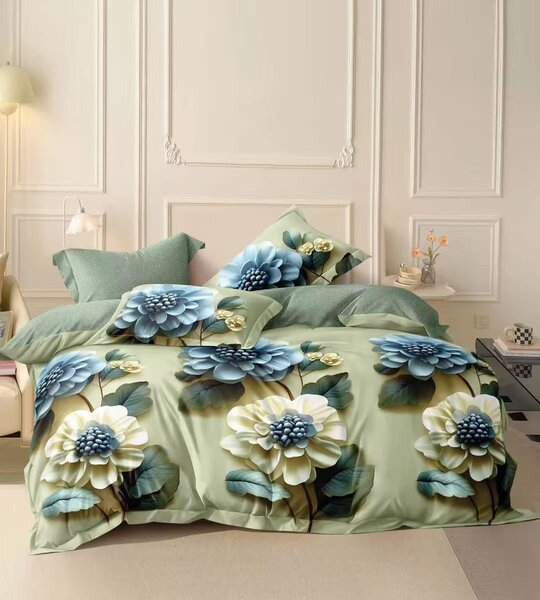 Francouzské povlečení 200×220 + 2×70×90 – zelené s 3D květinovým vzorem