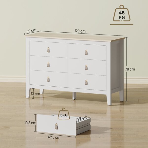 HOMCOM Komoda s 6 zásuvkami do ložnice s PU úchyty 120x40x78 cm Bílá | Aosom