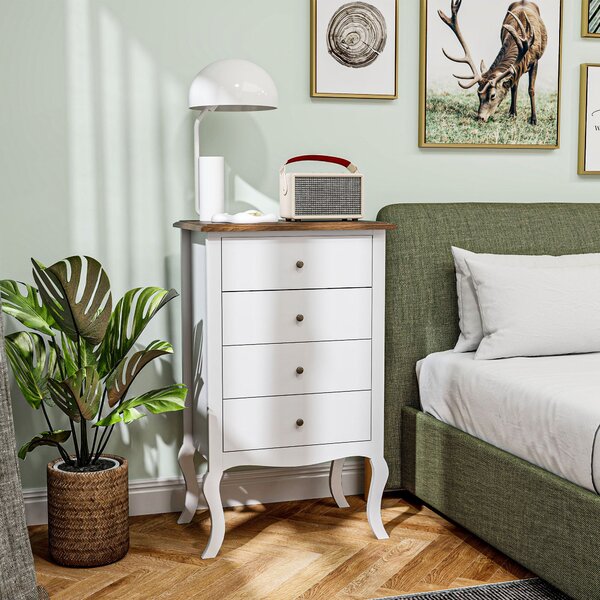 HOMCOM Komoda se 4 Šuplíky ve Francouzském Stylu - Dětská Komoda s Protiskluzovým Designem pro Obývací Pokoj a Chodbu 60x40x98,5 cm Bílá a Dub | Aosom