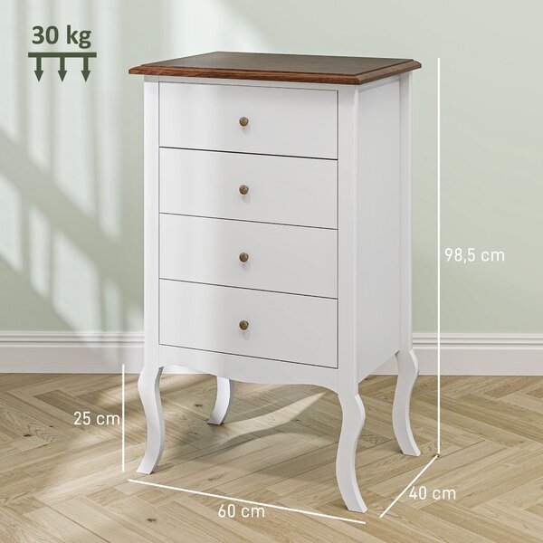 HOMCOM Komoda se 4 Šuplíky ve Francouzském Stylu - Dětská Komoda s Protiskluzovým Designem pro Obývací Pokoj a Chodbu 60x40x98,5 cm Bílá a Dub | Aosom
