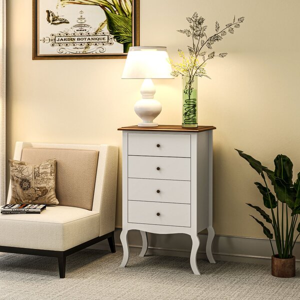 HOMCOM Komoda se 4 Šuplíky ve Francouzském Stylu - Dětská Komoda s Protiskluzovým Designem pro Obývací Pokoj a Chodbu 60x40x98,5 cm Bílá a Dub | Aosom