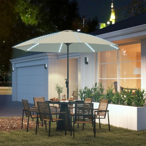 Zahradní slunečník Outsunny s LED světly Ø300x256 cm - slunečník s klikou a UV50+ ochranou s hliníkovou tyčí pro terasy, bazény a pláže v krémové barv