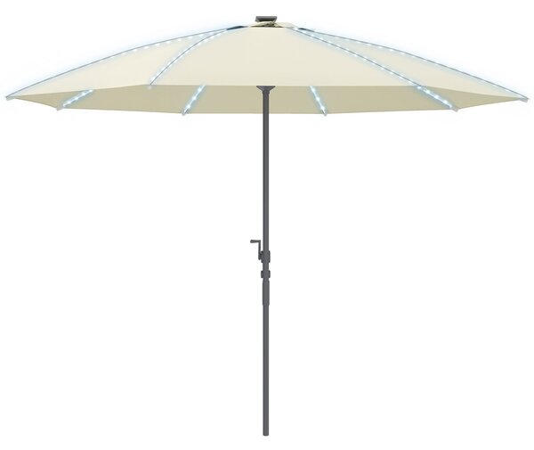 Zahradní slunečník Outsunny s LED světly Ø300x256 cm - slunečník s klikou a UV50+ ochranou s hliníkovou tyčí pro terasy, bazény a pláže v krémové barv