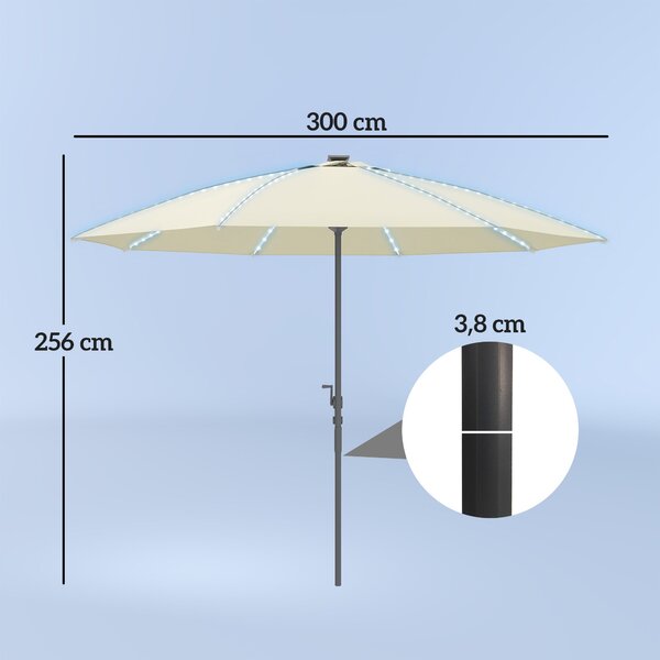 Zahradní slunečník Outsunny s LED světly Ø300x256 cm - slunečník s klikou a UV50+ ochranou s hliníkovou tyčí pro terasy, bazény a pláže v krémové barv