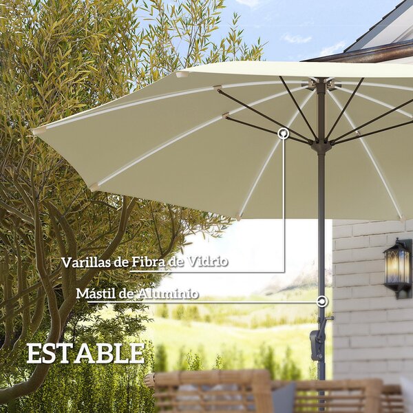 Zahradní slunečník Outsunny s LED světly Ø300x256 cm - slunečník s klikou a UV50+ ochranou s hliníkovou tyčí pro terasy, bazény a pláže v krémové barv