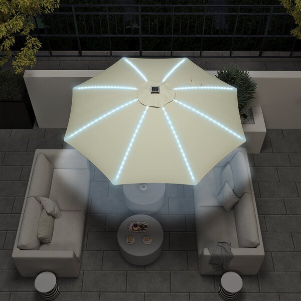 Zahradní slunečník Outsunny s LED světly Ø300x256 cm - slunečník s klikou a UV50+ ochranou s hliníkovou tyčí pro terasy, bazény a pláže v krémové barv