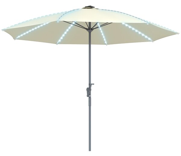Zahradní slunečník Outsunny s LED světly Ø300x256 cm - slunečník s klikou a UV50+ ochranou s hliníkovou tyčí pro terasy, bazény a pláže v krémové barv