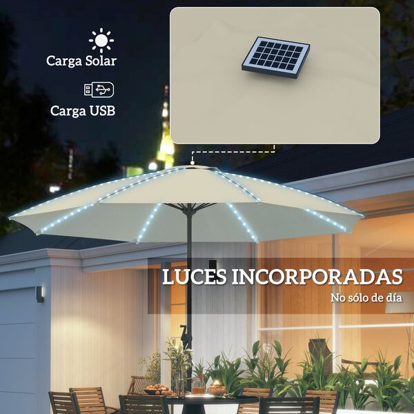 Zahradní slunečník Outsunny s LED světly Ø300x256 cm - slunečník s klikou a UV50+ ochranou s hliníkovou tyčí pro terasy, bazény a pláže v krémové barv