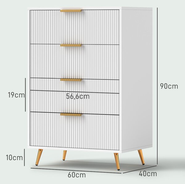 HOMCOM Skříňka se 4 zásuvkami – Moderní komoda s vlnitým designem, bezpečnostní systém proti převrácení, 60x40x90 cm, bílá | Aosom