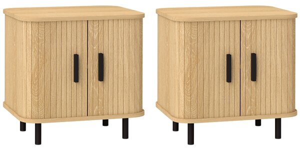 HOMCOM Sada 2 Nočních Stolků s Posuvnými Dveřmi, 2 Police a Ocelovými Nohami, Skandinávský Styl pro Obývací Pokoj 48x40x48 cm Dub | Aosom