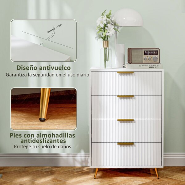 HOMCOM Skříňka se 4 zásuvkami – Moderní komoda s vlnitým designem, bezpečnostní systém proti převrácení, 60x40x90 cm, bílá | Aosom