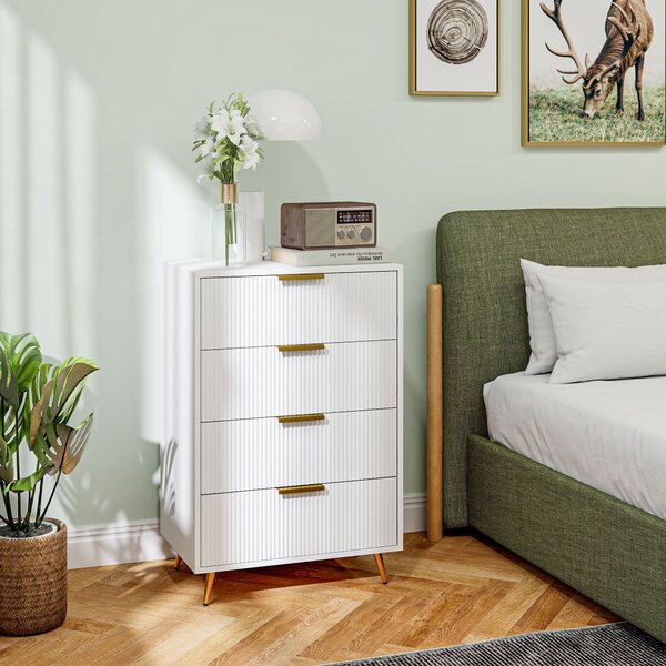 HOMCOM Skříňka se 4 zásuvkami – Moderní komoda s vlnitým designem, bezpečnostní systém proti převrácení, 60x40x90 cm, bílá | Aosom
