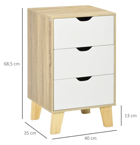 HOMCOM 3-zásuvkový prádelník s vyvýšeným základem pro ložnici, obývací pokoj a chodbu – moderní styl, protipádová ochrana, 40x35x68,5 cm, přírodní a b