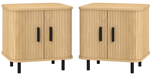 HOMCOM Sada 2 Nočních Stolků s Posuvnými Dveřmi, 2 Police a Ocelovými Nohami, Skandinávský Styl pro Obývací Pokoj 48x40x48 cm Dub | Aosom