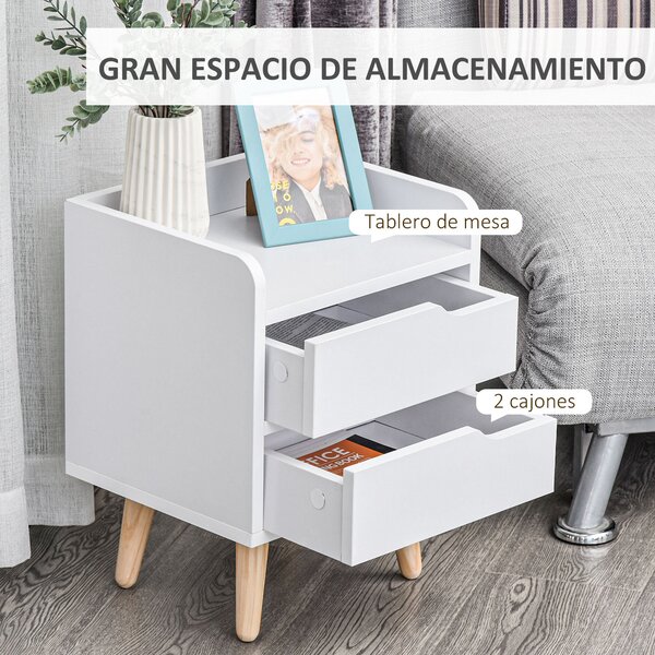 HOMCOM Víceúčelový Noční Stolek s Boční Skříňkou pro Obývací Pokoj nebo Ložnici s 2 Prostornými Zásuvkami, Borovicové Nohy, Moderní Design 33x28x42 cm