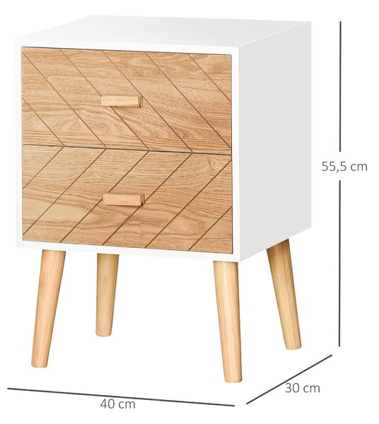 HOMCOM Noční stolek s 2 zásuvkami a zvýšenými nohami do ložnice 40x30x55,5 cm Bílý a přírodní | Aosom