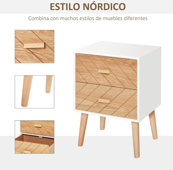 HOMCOM Noční stolek s 2 zásuvkami a zvýšenými nohami do ložnice 40x30x55,5 cm Bílý a přírodní | Aosom