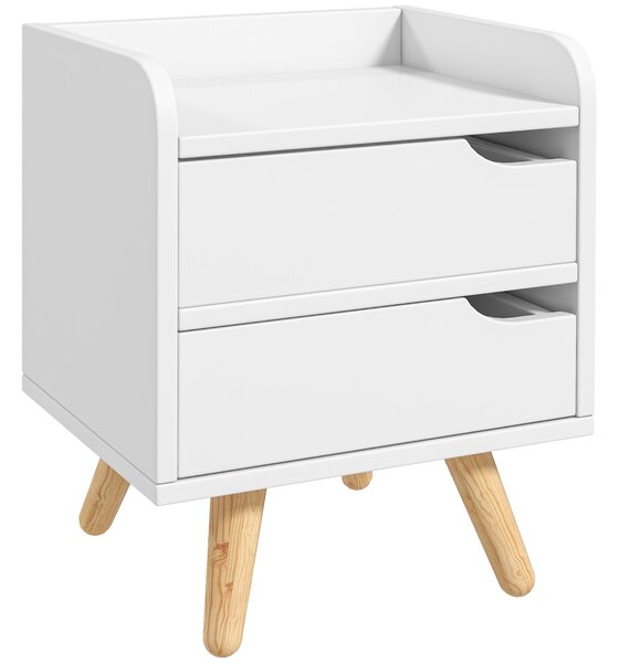 HOMCOM Víceúčelový Noční Stolek s Boční Skříňkou pro Obývací Pokoj nebo Ložnici s 2 Prostornými Zásuvkami, Borovicové Nohy, Moderní Design 33x28x42 cm