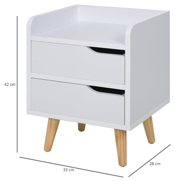 HOMCOM Víceúčelový Noční Stolek s Boční Skříňkou pro Obývací Pokoj nebo Ložnici s 2 Prostornými Zásuvkami, Borovicové Nohy, Moderní Design 33x28x42 cm