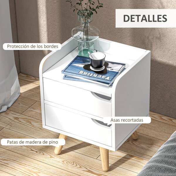 HOMCOM Víceúčelový Noční Stolek s Boční Skříňkou pro Obývací Pokoj nebo Ložnici s 2 Prostornými Zásuvkami, Borovicové Nohy, Moderní Design 33x28x42 cm